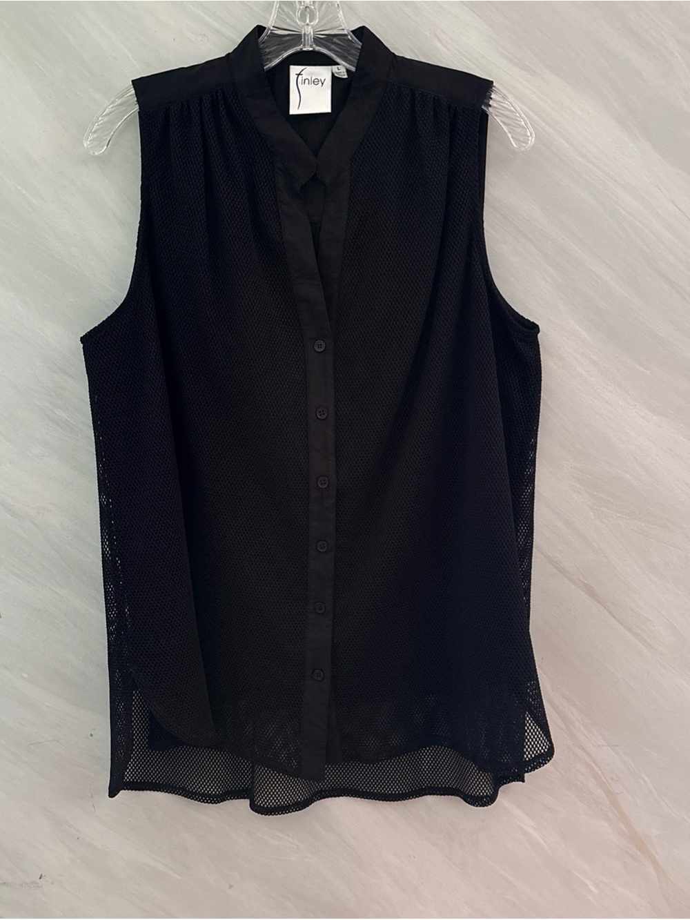 Finley L Black w/Mesh Overlay Sleeveless Button Up Blouse Quiet Luxury Goth Vamp